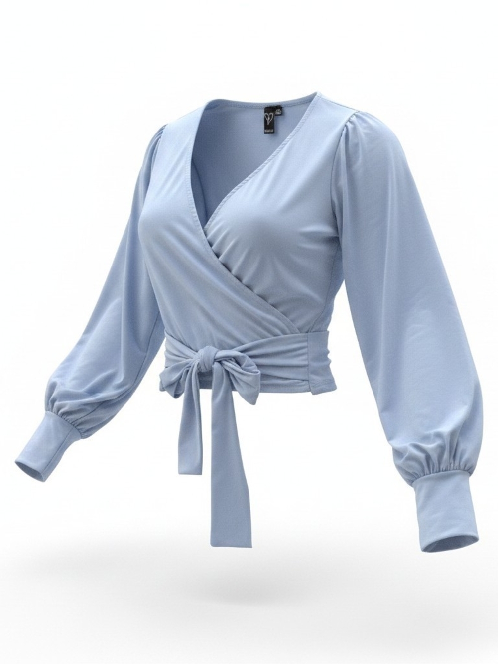 WINDSOR | Sky Blue Silky Wrap Crop Top Balletcore Fairycore Tie Waist Blouse | M